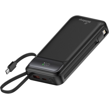 Preview: Powerbank 20.000mAh mit integrierten Kabeln, USB-C PD & Quick Charge, mobiler Zusatzakku schnell ladend, LCD-Anzeige, ideal für Reise & Alltag, schwarz