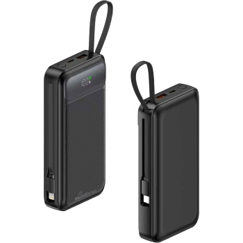 Preview: Powerbank 20.000mAh mit integrierten Kabeln, USB-C PD & Quick Charge, mobiler Zusatzakku schnell ladend, LCD-Anzeige, ideal für Reise & Alltag, schwarz