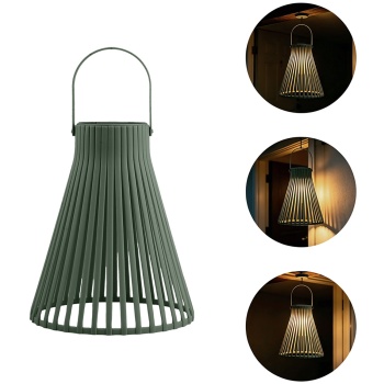 Preview: 2er-Set Dekorative LED Solar Laterne für Aussen, Moderne Gartenlaterne in Grün mit Tragegriff, Solarlampe im Lamellen-Design für Balkon & Terrasse