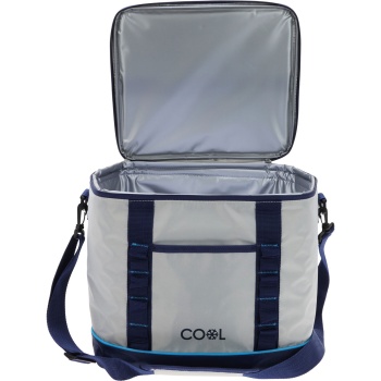 Preview: Kühltasche 28 Liter in Weiss/Blau – Faltbare Isoliertasche mit 6mm Dämmung, Tragegriff & Riemen – Praktische Kühlbox für Ausflüge, Strand & Camping