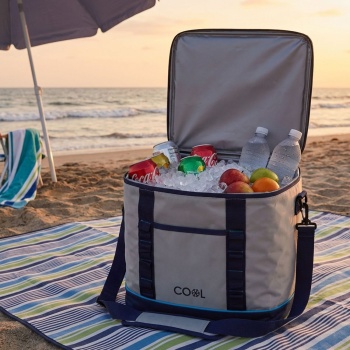 Preview: Kühltasche 28 Liter in Weiss/Blau – Faltbare Isoliertasche mit 6mm Dämmung, Tragegriff & Riemen – Praktische Kühlbox für Ausflüge, Strand & Camping