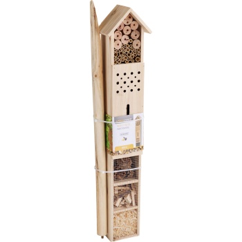 Preview: Insektenhotel aus Holz mit Erdspiess – 79 cm hohe Nisthilfe für den Garten – Natürliche Unterschlüpfe mit Bambus & Rinde – Schlankes Design für Insekten