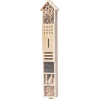 Preview: Insektenhotel aus Holz mit Erdspiess – 79 cm hohe Nisthilfe für den Garten – Natürliche Unterschlüpfe mit Bambus & Rinde – Schlankes Design für Insekten