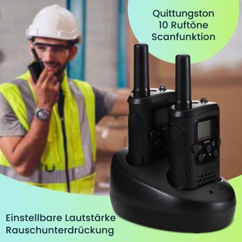Preview: 2er-Set Profi Akku-PMR-Funkgerät, Gürtelclip & Taschenlampe, Walkie Talkie mit 10km Reichweite, 8 Kanäle, Ladestation, 8 Stunden Sprechzeit