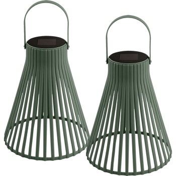 Preview: 2er-Set Dekorative LED Solar Laterne für Aussen, Moderne Gartenlaterne in Grün mit Tragegriff, Solarlampe im Lamellen-Design für Balkon & Terrasse