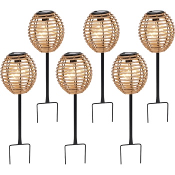 Preview: 6er-Set Elegante Solar-Steckleuchte für Garten & Terrasse: Robuste LED Solarlampe mit Metallstab, Rattan-Optik für stimmungsvolle Wege
