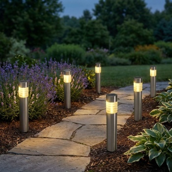 6er-Set Solarleuchte aus Edelstahl: Gartenleuchte warmweiss mit Erdspiess, LED Aussenleuchte wetterfest - moderne Solarlampe für Garten