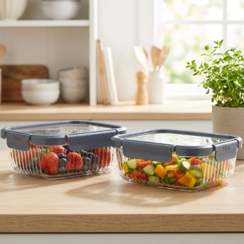 2er-Set Borosilikat-Glas Frischhaltedose mit 1040 ml – Edles geriffeltes Glas mit sicherem Kunststoff-Deckel und 4-fach Clip-Verschluss für langanhaltende Frische