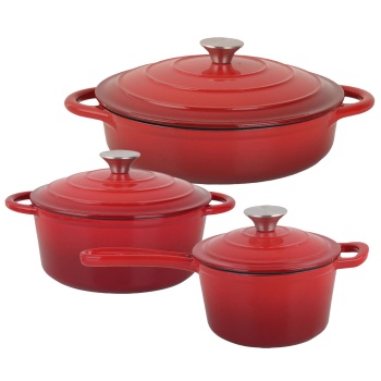 Preview: Premium Gusseisen Topfset 3tlg. in Rot - Emaillierter Schmortopf Set mit Deckel (17 cm, 22cm & 28cm) - Ideal für Induktion, Backofen & alle Herdarten