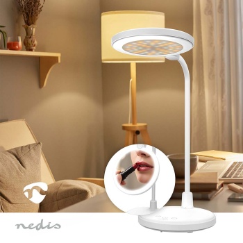 Preview: Elegante LED Schreibtischlampe mit Schminkspiegel & Akku, Weiss – Dimmbare Kosmetiklampe & Make-up Licht für Schminktisch & Büro, USB-C, 58.3cm