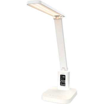 Preview: Aufladbare LED Schreibtischleuchte – Schicke Nachttischlampe mit Touch-Dimmer, Kalender, Raumtemperatur, Alarm & Uhr fürs Schlafzimmer & Büro