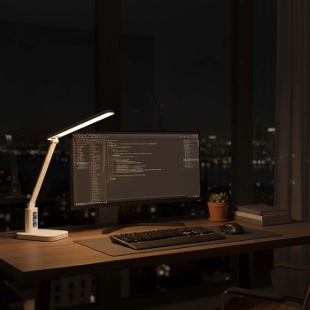 Preview: Aufladbare LED Schreibtischleuchte – Schicke Nachttischlampe mit Touch-Dimmer, Kalender, Raumtemperatur, Alarm & Uhr fürs Schlafzimmer & Büro