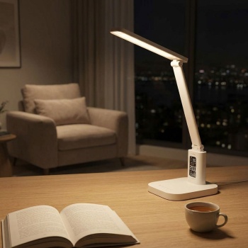 Aufladbare LED Schreibtischleuchte – Schicke Nachttischlampe mit Touch-Dimmer, Kalender, Raumtemperatur, Alarm & Uhr fürs Schlafzimmer & Büro