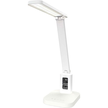 Preview: Aufladbare LED Schreibtischleuchte – Schicke Nachttischlampe mit Touch-Dimmer, Kalender, Raumtemperatur, Alarm & Uhr fürs Schlafzimmer & Büro