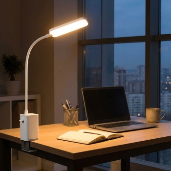 Elegante LED Schreibtischlampe dimmbar mit Klemme – Moderne Tischleuchte für Büro, Studium & Lesen, USB Akku Klemmlampe, Weiss
