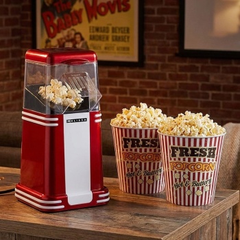 Preview: Retro Heissluft Popcorn Maschine - rot/weiss aus Aluminium / Kunststoff, 15x29x17cm, 2 Kino-Becher, Popcorn Maker, schnell, einfach, fettarm 
