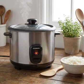 Preview: Stilvoller Edelstahl Reiskocher mit Warmhaltefunktion, 1,5 Liter, 500 W, schwarz - silber, antihaftbeschichtet, für bis zu 8 Portionen leckeren Reis
