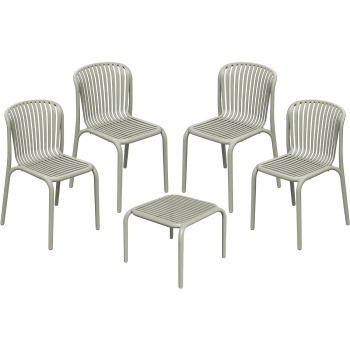 Preview: Set: 4 Stapelbare Gartenstühle und ein moderner Beistelltisch in Beige, Bauhaus-Optik - ergonomische Terrassenstühle & stabiler Gartentisch