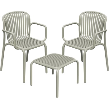 Preview: Set: 2 Bequeme Gartenstühle mit Armlehnen und ein moderner Beistelltisch, Beige - kompakt, leicht & für Aussen geeignet