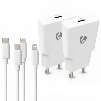 Preview: 2er-Set Schnellladegerät GaN USB-C 20W Weiss – Kompaktes Netzladegerät mit Lightning Kabel für Apple iPhone, Smartphone, Tablet 