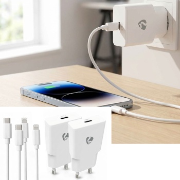 2er-Set Schnellladegerät GaN USB-C 20W Weiss – Kompaktes Netzladegerät mit Lightning Kabel für Apple iPhone, Smartphone, Tablet 
