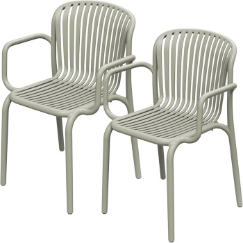 Preview: 2er-Set Bequemer Gartenstuhl aus Kunststoff, Beige – ergonomische Gartenstühle mit Armlehnen - modern, leicht & stapelbar, für Aussen geeignet