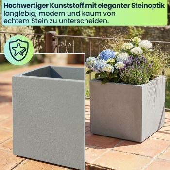Preview: 3er-Set Blumentopf Quadratisch 38cm in Beton-Grau, Pflanzkasten 25L aus Kunststoff für Innen & Aussen, Frostsicher & UV-Beständig, Leichtgewicht