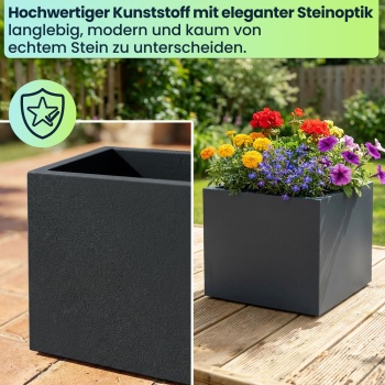 Preview: 3er-Set Blumentopf Quadratisch 38cm in Anthrazit, Pflanzkasten 25L aus Kunststoff für Innen & Aussen, Frostsicher & UV-Beständig, Leichtgewicht