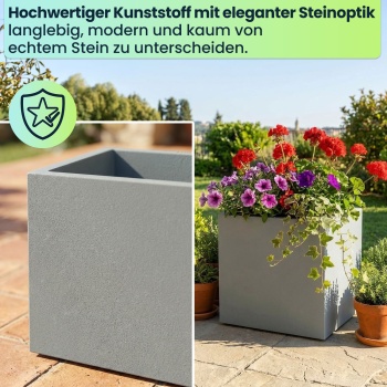 Preview: 3er-Set Blumentopf Quadratisch 47cm in Beton-Grau, Pflanzkasten 51L aus Kunststoff für Innen & Aussen, Frostsicher & UV-Beständig, Leichtgewicht