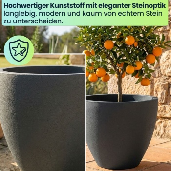 Preview: 2er-Set Blumentopf Rund 38cm, Graphit – Grosses Pflanzgefäss für Aussen und Innen – Moderne Optik & Edles Design für Garten und Terrasse