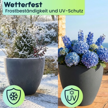 Preview: 3er-Set Blumentopf Rund 38cm, Graphit – Grosses Pflanzgefäss für Aussen und Innen – Moderne Optik & Edles Design für Garten und Terrasse
