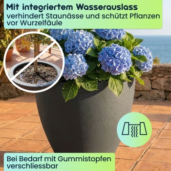 Preview: 3er-Set Blumentopf Rund 38cm, Graphit – Grosses Pflanzgefäss für Aussen und Innen – Moderne Optik & Edles Design für Garten und Terrasse