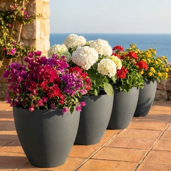 4er-Set Blumentopf Rund 38cm, Graphit – Grosses Pflanzgefäss für Aussen und Innen – Moderne Optik & Edles Design für Garten und Terrasse