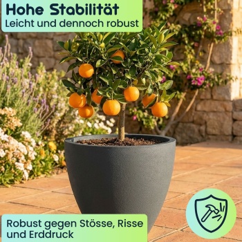 Preview: 4er-Set Blumentopf Rund 38cm, Graphit – Grosses Pflanzgefäss für Aussen und Innen – Moderne Optik & Edles Design für Garten und Terrasse
