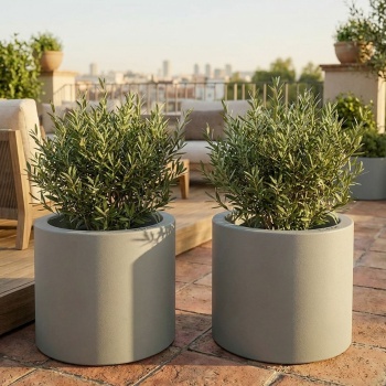 2er-Set Moderner Blumentopf Rund Ø38cm in Beton-Grau, Pflanzkübel 19L aus Kunststoff für Innen & Aussen, Frostsicher & UV-Beständig, Leichtgewicht