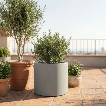 Preview: 2er-Set Moderner Blumentopf Rund Ø38cm in Beton-Grau, Pflanzkübel 19L aus Kunststoff für Innen & Aussen, Frostsicher & UV-Beständig, Leichtgewicht