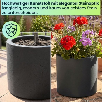 Preview: 2er-Set Moderner Blumentopf Rund Ø38cm in Anthrazit, Pflanzkübel 19L aus Kunststoff für Innen & Aussen, Frostsicher & UV-Beständig, Leichtgewicht