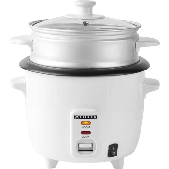 Preview: Reiskocher 0,6L mit Dampfgarereinsatz 300W – Antihaftbeschichteter Innentopf, Glasdeckel & Warmhaltefunktion – Inklusive Messbecher & Löffel