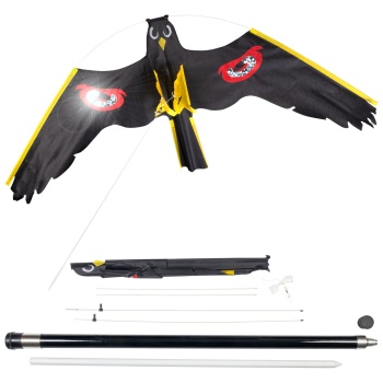 Vogelabwehr-Drachen Set: Grosse fliegende Vogelscheuche mit robustem 9m Fiberglas Teleskopstab für Garten, Felder & Fischteiche