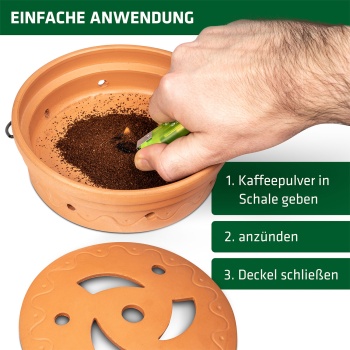 Preview: Wespen-Verdufter Kaffee - Feuerfestes Tongefäss zum Räuchern von Kaffeepulver - Natürlicher Wespenschreck mit Untersetzer & Drahtbügel zum Aufhängen