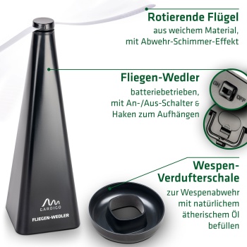 Preview: Fliegenwedler mit Wespen-Verdufter-Schale - Batteriebetriebener Insektenwedler für Esstisch & Outdoor - Zum Aufstellen und Aufhängen mit Haken
