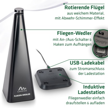 Preview: Fliegenwedler mit Induktionsladestation - Akku Insektenwedler für Esstisch & Deckenmontage - Fliegenverscheucher mit Dauerbetrieb-Funktion