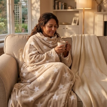 Preview: Decke mit Ärmeln und Fusstasche, beige mit Sternen - Kuscheldecke mit Knopfverschluss, Ärmeldecke aus Coral Fleece für Damen & Herren, 30°C Waschbar