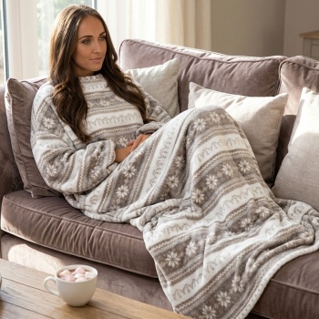 Decke mit Ärmeln, Norwegermuster, weiss-beige - Kuscheldecke mit Knopfverschluss, Ärmeldecke aus Coral Fleece für Damen & Herren, 30°C Waschbar
