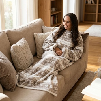 Preview: Decke mit Ärmeln, Norwegermuster, weiss-beige - Kuscheldecke mit Knopfverschluss, Ärmeldecke aus Coral Fleece für Damen & Herren, 30°C Waschbar