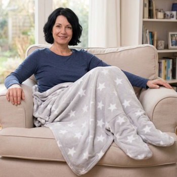 Preview: Decke mit Füsslingen, grau mit Sternen - Couchdecke aus Coral Fleece für Damen & Herren, 30°C Waschbar, Kuschelweich und flauschig