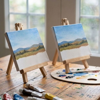 2er-Set Mini Holz Staffelei inkl. Leinwand (7 x 9 cm) – Perfektes Set für kreative Kunstwerke, Tischdeko, Hochzeitskarten oder kleine DIY Bastelprojekte zu Hause