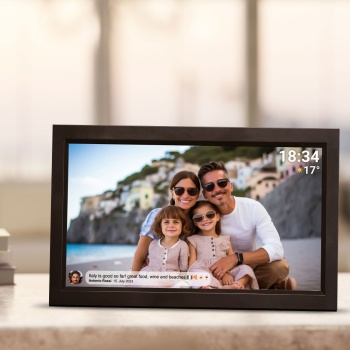Interaktiver digitaler Bilderrahmen mit WLAN, Schwarz - Grosser Full HD Fotorahmen 15.6 Zoll als smarte Geschenkidee für Oma, Opa und Familie