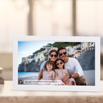 Interaktiver digitaler Bilderrahmen mit WLAN, Weiss - Grosser Full HD Fotorahmen 15.6 Zoll als smarte Geschenkidee für Oma, Opa und Familie