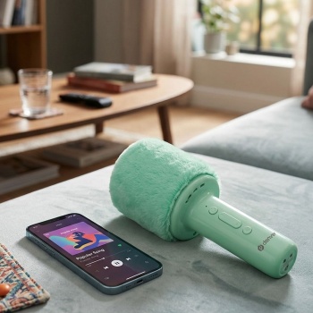 Bluetooth Karaoke Mikrofon mit Lautsprecher & flauschiger Oberseite Grün – Tolles Bluetooth Party Mikrophon für Gesang, Feiern & Spass unterwegs